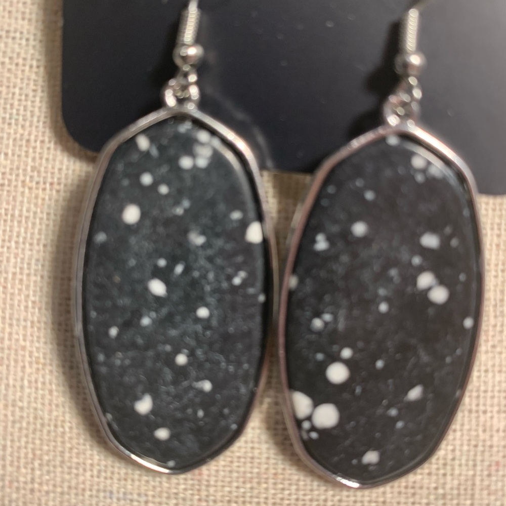 Black and white oval hanging fishhook earrings